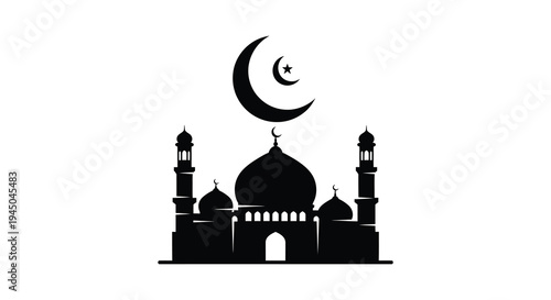 A striking black silhouette of a mosque with a crescent moon and star islamic architecture silhouette