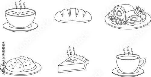 Collection of simple outline food and drink icons including hot soup fresh bread a slice of pie and a steaming cup of coffee ideal for restaurant menus or culinary app design