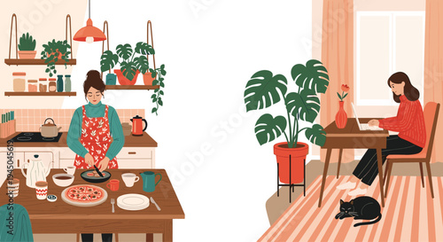 Cozy home lifestyle illustration set, woman cooking in kitchen and working on laptop, everyday domestic life vector scenes