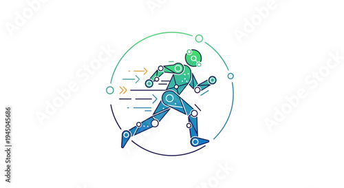 Abstract illustration of a running figure inside a circular frame on white