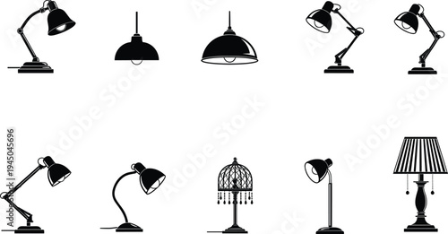 Flat, vector, illustration, set, of, various, desk, and, table, lamp, icons, including, adjustable, office, lights, vintage, bedside, lamps, and, decorative, lighting, fixtures, isolated, on, white