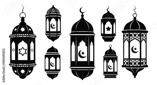 A collection of ornate islamic lanterns and lamps presented in a striking black silhouette high quality
