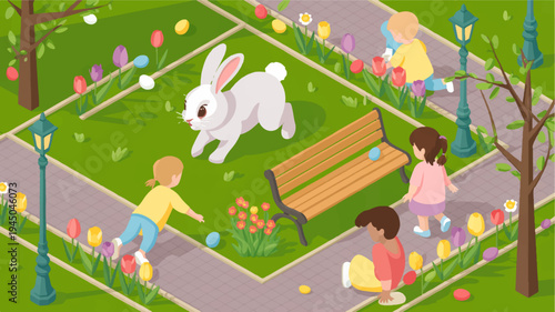 Children playing with easter eggs and bunny in a colorful park on a sunny day with flowers and trees