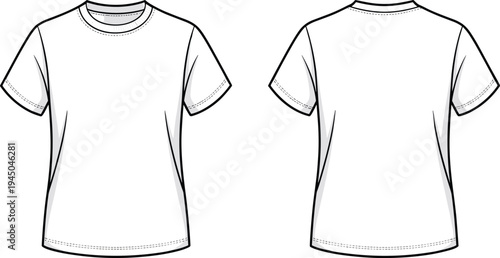 Plain white short sleeve round neck t shirt front and back view, fashion garment flat sketch, vector illustration, clothing design template