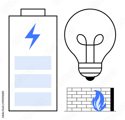 Energy concept. Energy symbols include a charged battery, light bulb, and firewall with flame, power storage, innovation, and protection. For renewable energy, technology development