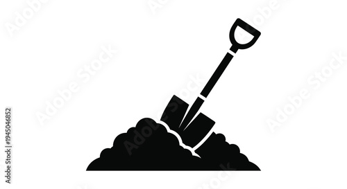 A black silhouette of a shovel digging into a pile of earth and soil silhouette