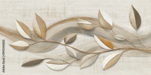 Abstract Golden Leafy Pattern on Textured Neutral Background with Subtle Wood