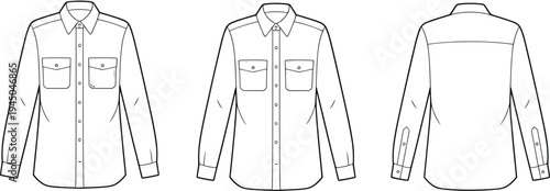 Classic long sleeve button up shirt front, three quarter, and back view, fashion garment flat sketch, vector illustration, apparel design template
