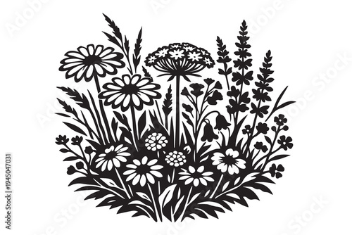 Simple black and white vector illustration of a garden filled with many flowers and plants, drawn with clean lines to create a calm botanical scene.