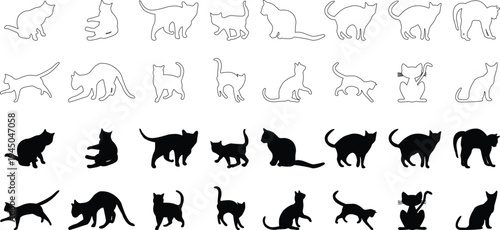 Cat silhouette set with outline and solid poses. Domestic feline sitting, walking, and playing in clean minimalist style. Versatile vector collection for pet branding, logo design, sticker, poster, 