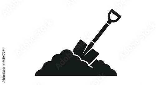 A black silhouette of a shovel stuck in a mound of dirt and rocks silhouette