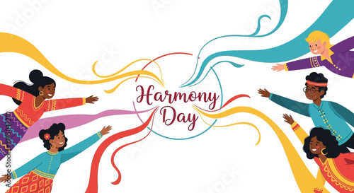 Illustration of diverse people celebrating Harmony Day with colorful ribbons and a vibrant design, promoting unity and cultural diversity in a joyful and peaceful atmosphere.