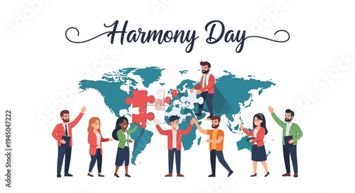 Illustration of diverse people celebrating Harmony Day with a world map and puzzle pieces in a colorful design
