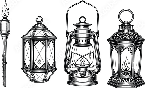 Hand, drawn, vector, illustration, set, of, vintage, lanterns, and, torch, featuring, kerosene, lamp, oil, lantern, and, ornate, light, fixtures, isolated, on, white, background, for, antique, design