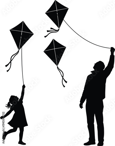 Silhouette child and adult flying kites illustration, outdoor play artwork design, family leisure activity concept, joyful nature theme, traditional pastime graphic style