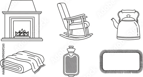 Collection of cozy home comfort items featuring minimalist outline vector icons like a fireplace rocking chair and hot water bottle perfect for domestic themed designs and infographics