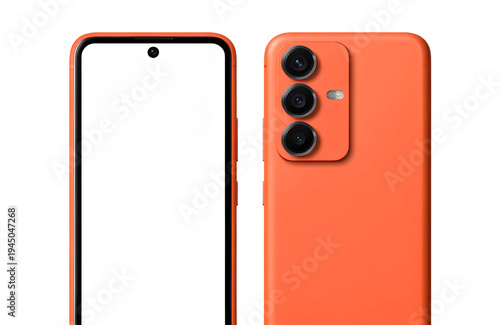 Orange Smartphone Mockup Front and Back View with Blank Screen Isolated