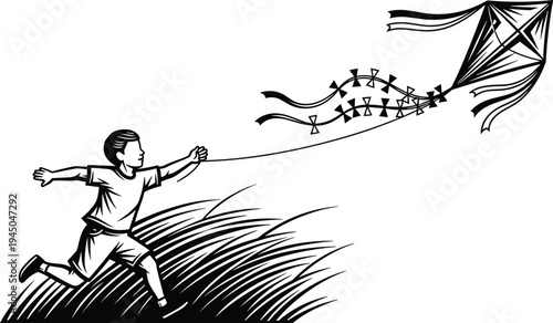 Silhouette child flying kite illustration, outdoor play artwork design, childhood freedom concept, nature leisure activity theme, traditional pastime graphic style