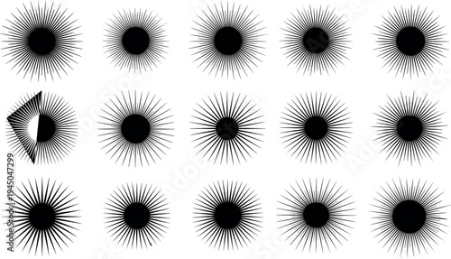 Abstract sunburst rays collection in radial star shapes vector illustration, vintage burst design elements isolated on light background for retro decoration and graphic design