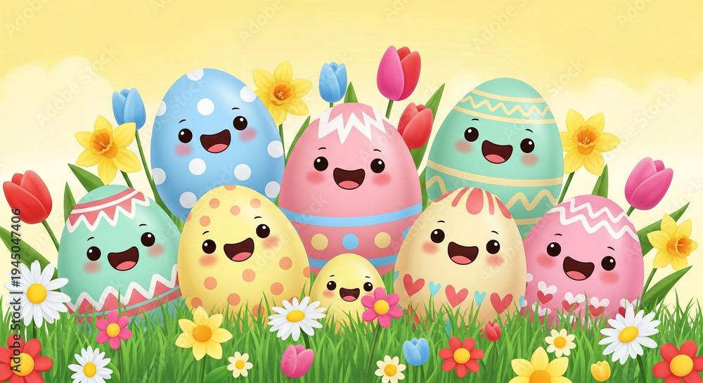 Naklejka premium Adorable smiling Easter eggs in a vibrant green field with colorful spring flowers and tulips under a bright yellow sky.