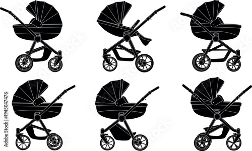 Baby stroller silhouette collection with modern pram pushchair designs vector illustration, infant transport icons isolated on light background for parenting and childcare design