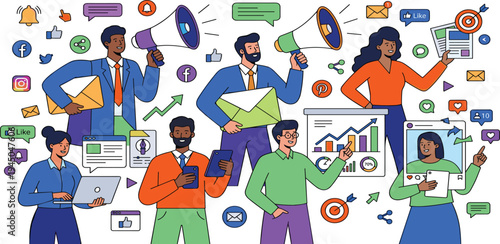 Diverse team collaborating on digital marketing, social media, and strategic communication to boost business growth and audience engagement