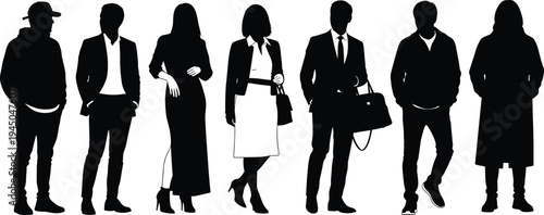 People silhouette collection vector, diverse men and women standing characters, casual and business outfits, modern crowd illustration