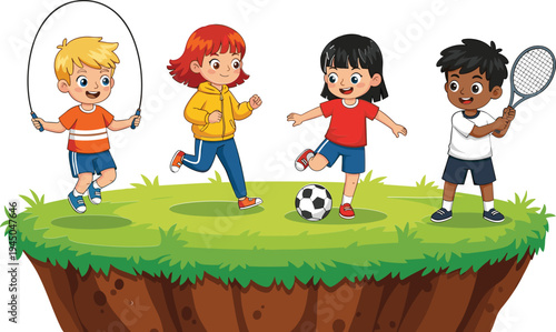 Cartoon children outdoor activities illustration, kids playing sports on grassy island, fun exercise artwork design, playful educational concept, colorful athletic graphic style