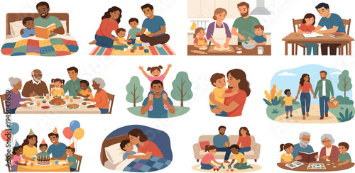 Diverse Family Moments Depicting various everyday activities, from reading and playing to cooking and celebrating, showcasing the warmth and bond of different family units across generations