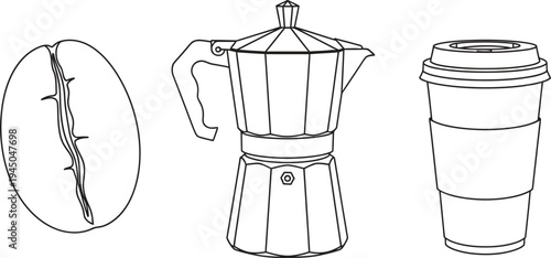 Set of coffee elements including a bean Moka pot and disposable cup presented in a minimalist outline vector style perfect for cafe branding or web design