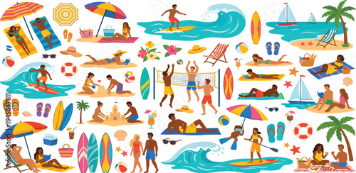 Vibrant vector illustration set portraying diverse individuals enjoying various summer beach activities, capturing the joyful spirit of a perfect seaside vacation and leisure