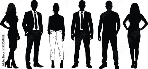 People silhouettes set, men and women standing figures collection, business and casual human black silhouettes isolated vector illustration