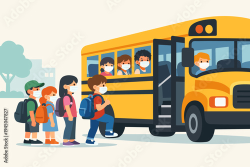 Children Wearing Protective Face Masks Boarding a Yellow School Bus for Safety During Pandemic, Flat Vector Illustration of Students Going Back to School with Health Precautions and Face Masks