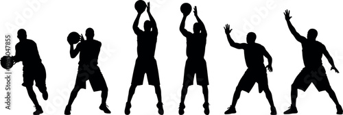Basketball player silhouette set showing dribbling, shooting and defensive poses with ball, professional sport athlete action vector illustration isolated on white background