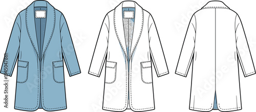 Women’s long sleeve coat front, inner construction, and back view, shawl collar, patch pockets, garment flat sketch, vector illustration, apparel design