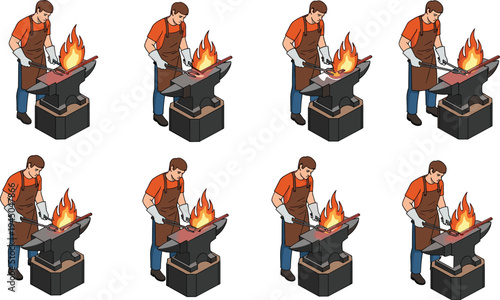 Illustration, of, a, blacksmith, in, an, apron, and, gloves, working, with, hot, metal, on, an, anvil, over, a, fire, isolated, on, white, background