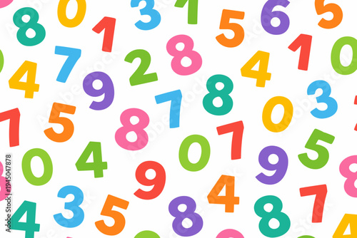 Vibrant Colorful Numbers Seamless Pattern on White Background. Simple Flat Vector Illustration of Random Digits for Education, Mathematics, School, and Learning. Bright Multicolored Numeric Art.