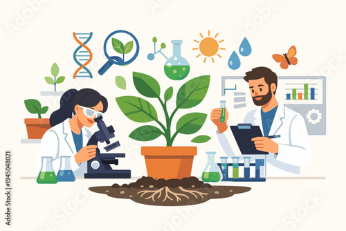 Scientists in white lab coats conducting botanical research and plant biotechnology experiments in a laboratory, using microscopes, test tubes, and data analysis for agricultural science.