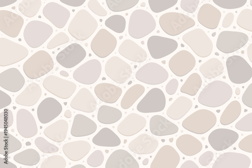 Seamless Stone Floor Pattern with Rounded Pebbles in Neutral Beige and Grey Tones; Abstract Organic Mosaic Background for Wallpaper, Textile, Tiling, and Modern Interior Design Vector Illustration