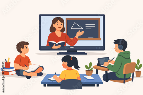 Children Studying at Home with Online Teacher on Television Screen, Flat Vector Illustration of Kids Remote Learning, E-learning, Homeschooling, Digital Education and Virtual Classroom Concept.