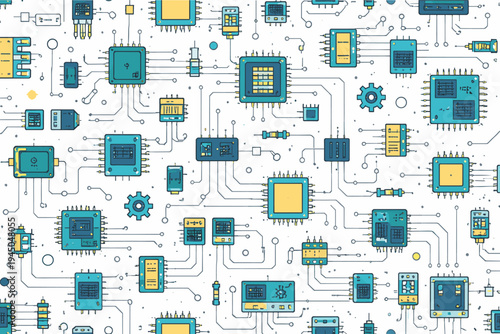 Seamless Motherboard Technology Pattern on White Background featuring Microchips, CPUs, Circuit Lines, and Electronic Components. Simple Flat Vector Illustration for Tech Backgrounds and Design.