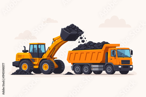 Industrial wheel loader loading coal into a heavy-duty dump truck, flat vector illustration of mining operations and heavy machinery for energy production and fuel transportation on light background