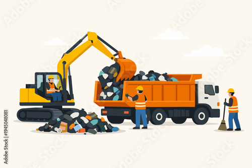 Workers Operating an Excavator to Load Garbage and Plastic Waste into an Orange Dump Truck for Disposal and Recycling, Professional Waste Management and Urban Cleaning Flat Vector Illustration
