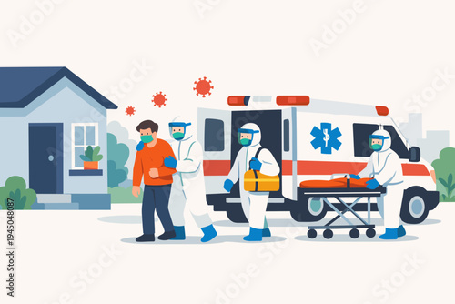 Medical Team in Protective PPE Suits Transporting a COVID-19 Patient from Home to an Ambulance, Emergency Healthcare Response during Coronavirus Pandemic, Flat Vector Illustration Concept.