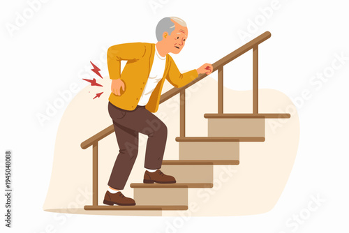 Elderly man experiencing severe lower back pain while climbing stairs, holding handrail for support, senior citizen suffering from chronic spinal ache and mobility issues, flat vector illustration.