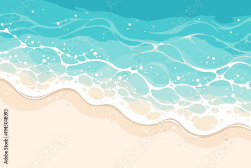 Top View of Stylized Ocean Waves Crashing on a Sandy Beach, Turquoise Sea Water with White Foam and Bubbles, Minimalist Flat Vector Illustration for Summer Vacation, Travel, and Nature Backgrounds