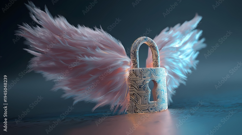Naklejka premium A beautifully crafted lock with angel wings symbolizes freedom, protection, and the fusion of security with ethereal beauty.