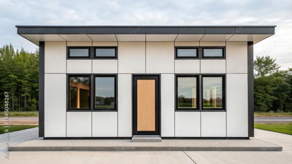 Fototapeta premium adu small home Modern small modular house with large windows and wooden door, surrounded by greenery and cloudy sky.