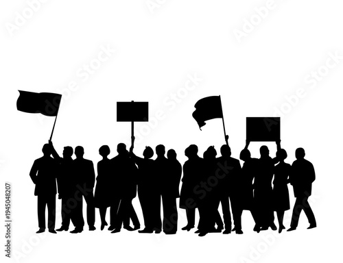 Silhouette of a crowd of people protesting and holding signs

