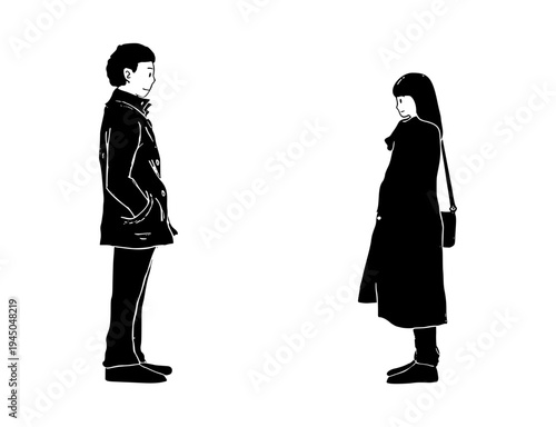 Silhouette of a man and woman in winter coats looking at each other
